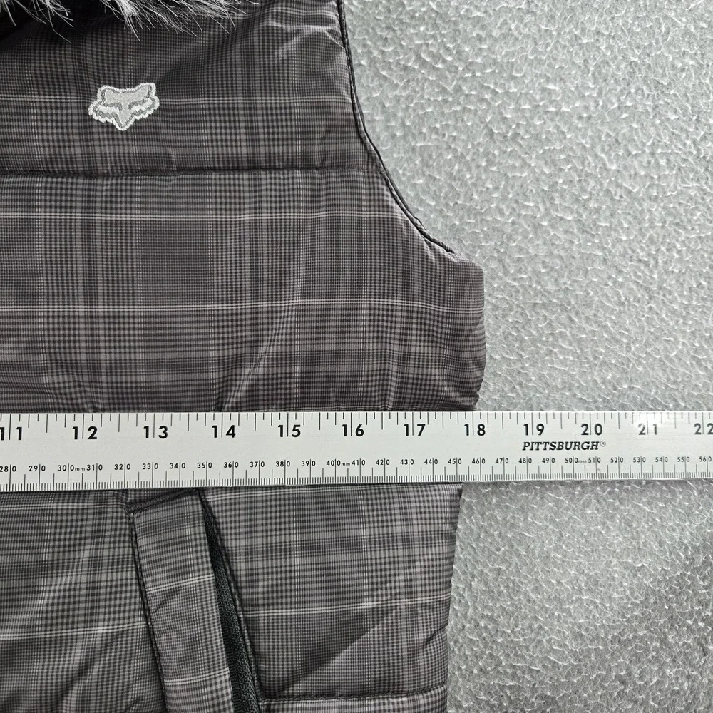 FOX Women Vest SMALL Gray Plaid Head Puffer Fur‎ Trim Embroidered Logo - Picture 7 of 10